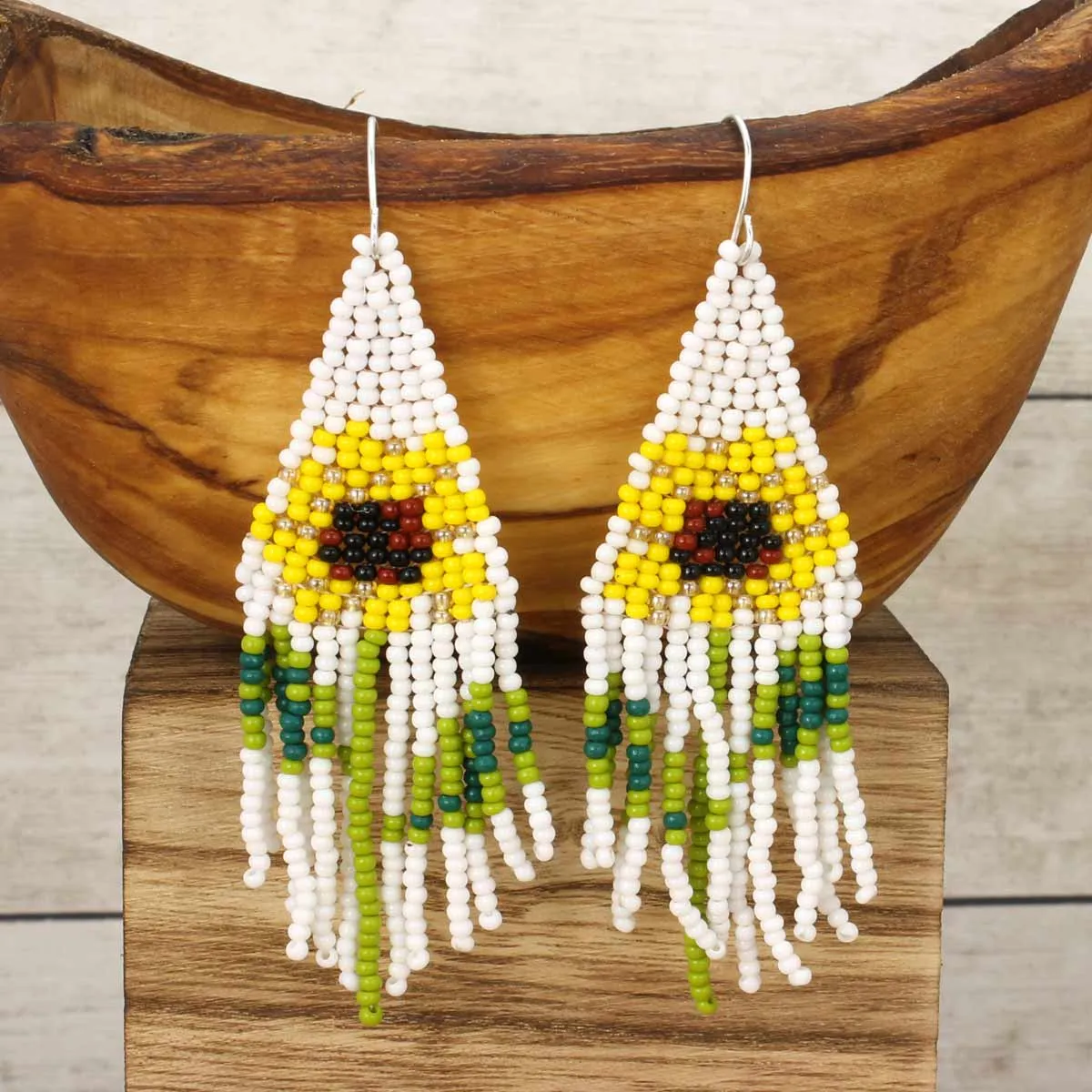 Earrings - Sunflower Bead White Fringe