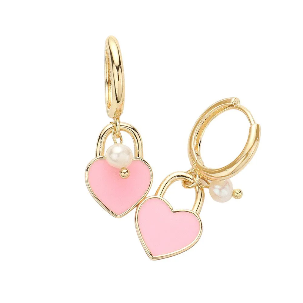 Enamel Heart Pendant Pearl Dangle Huggie Earrings