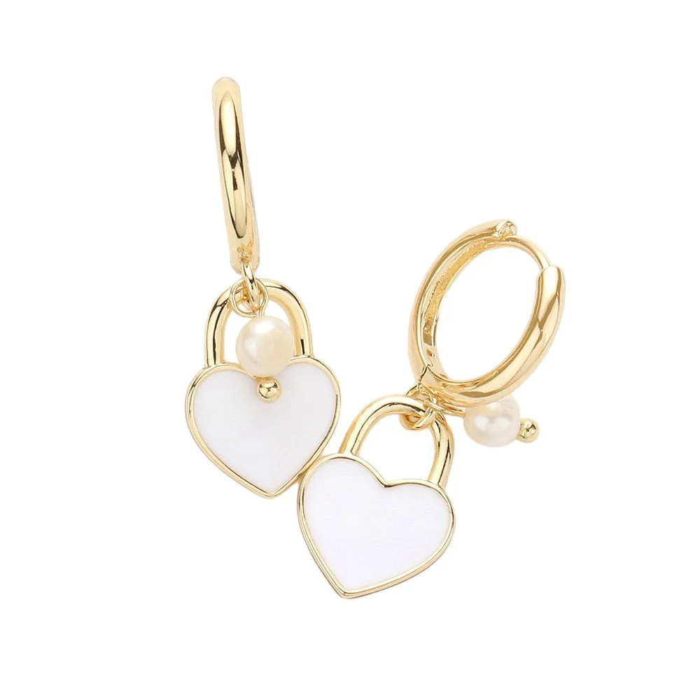 Enamel Heart Pendant Pearl Dangle Huggie Earrings