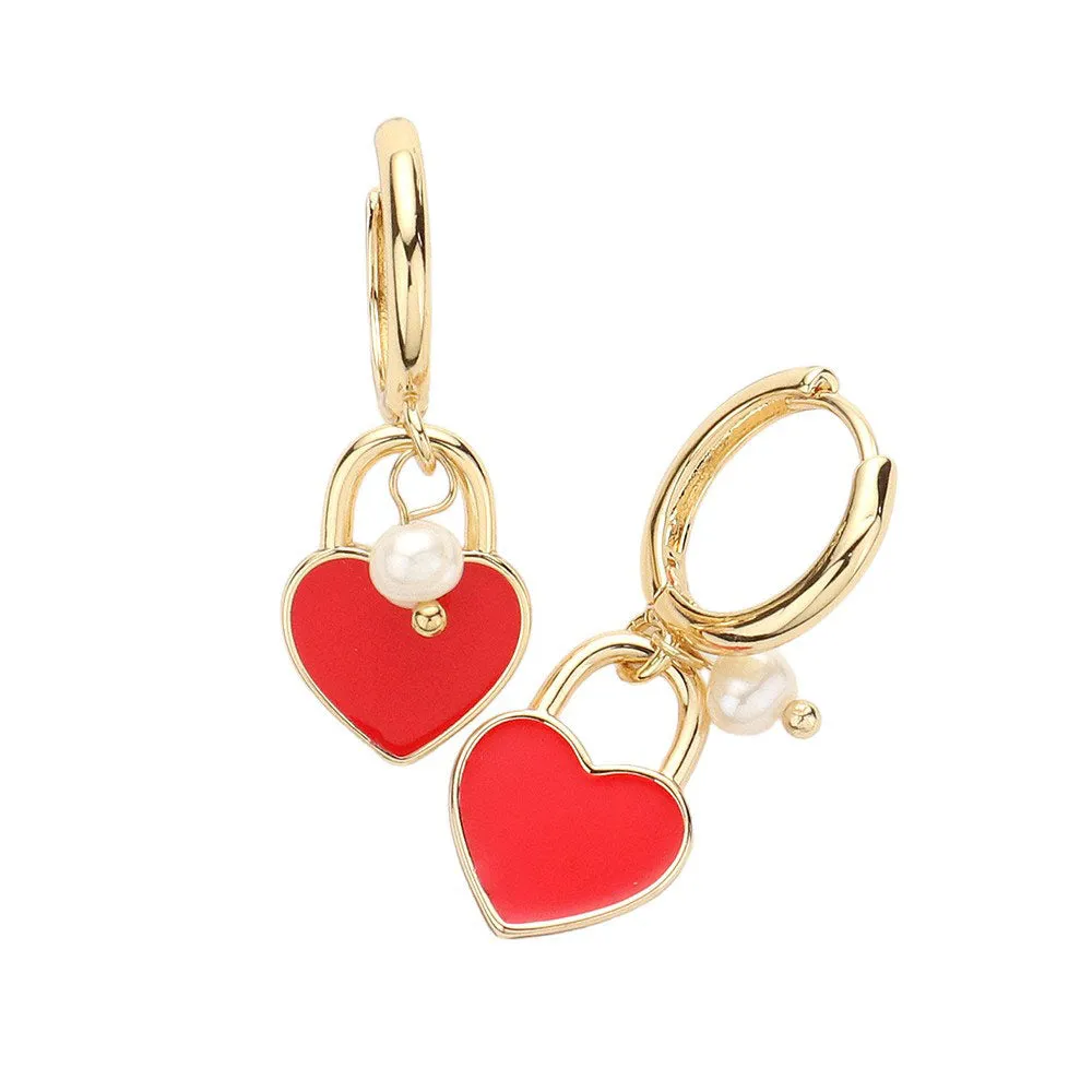 Enamel Heart Pendant Pearl Dangle Huggie Earrings