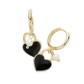 Enamel Heart Pendant Pearl Dangle Huggie Earrings