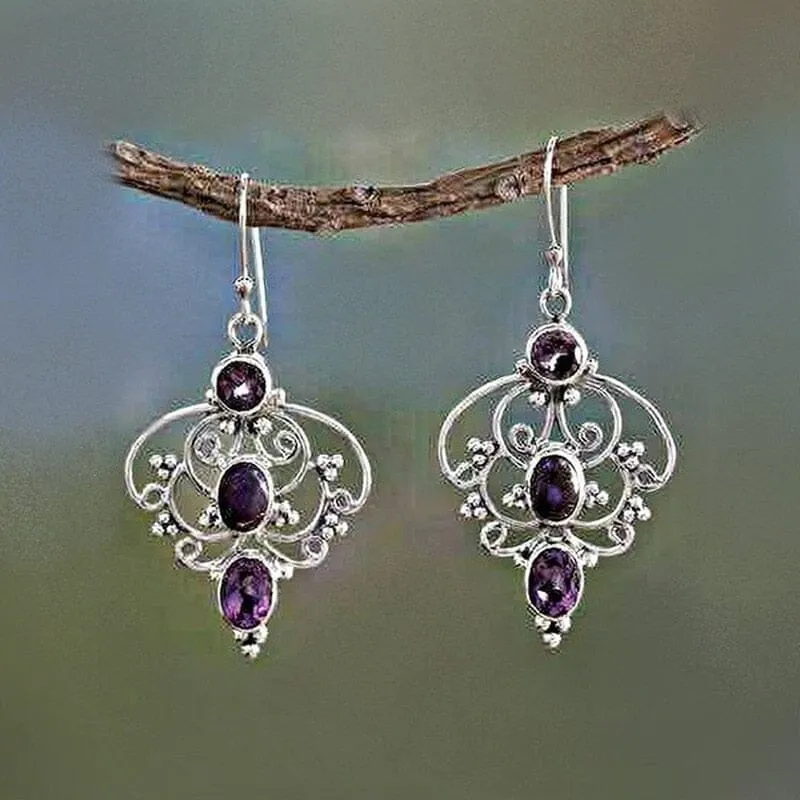 Ethnic Needle Water Drop Amethyst Hollow Earrings