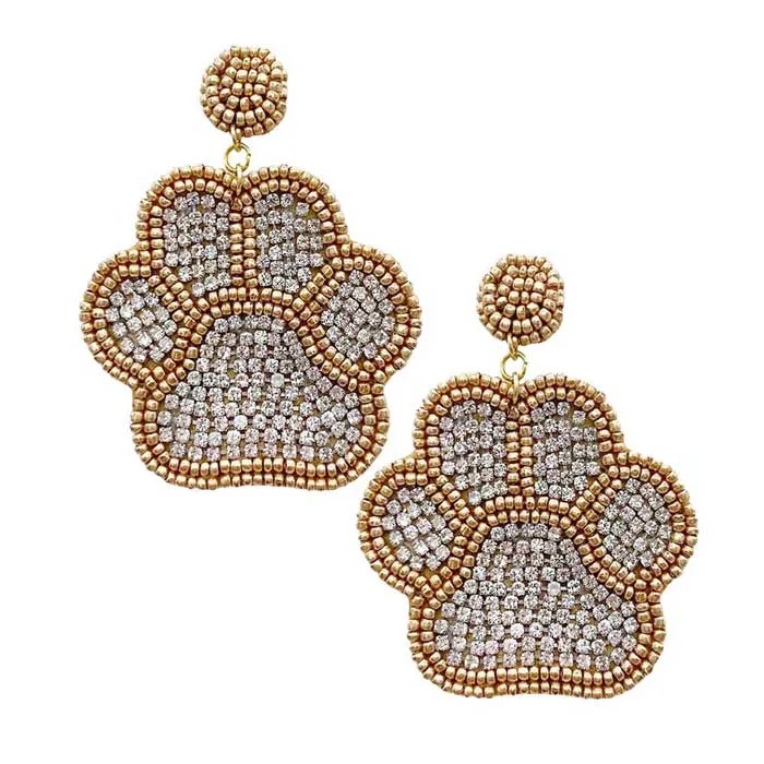 Felt Back Seed Beaded Trimmed Bling Paw Dangle Earrings