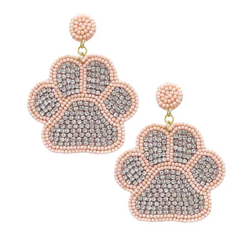 Felt Back Seed Beaded Trimmed Bling Paw Dangle Earrings