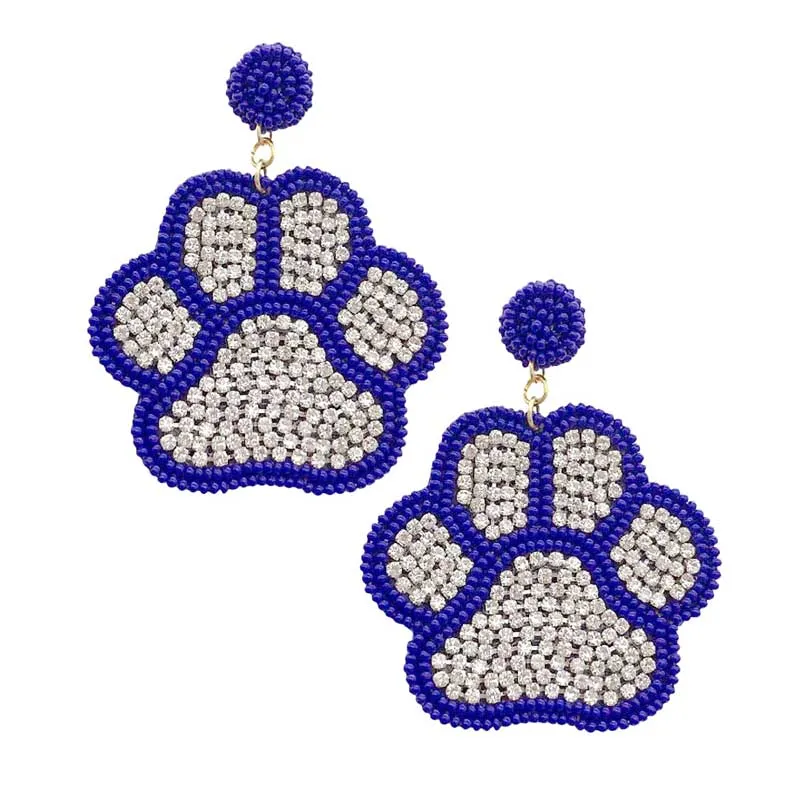 Felt Back Seed Beaded Trimmed Bling Paw Dangle Earrings