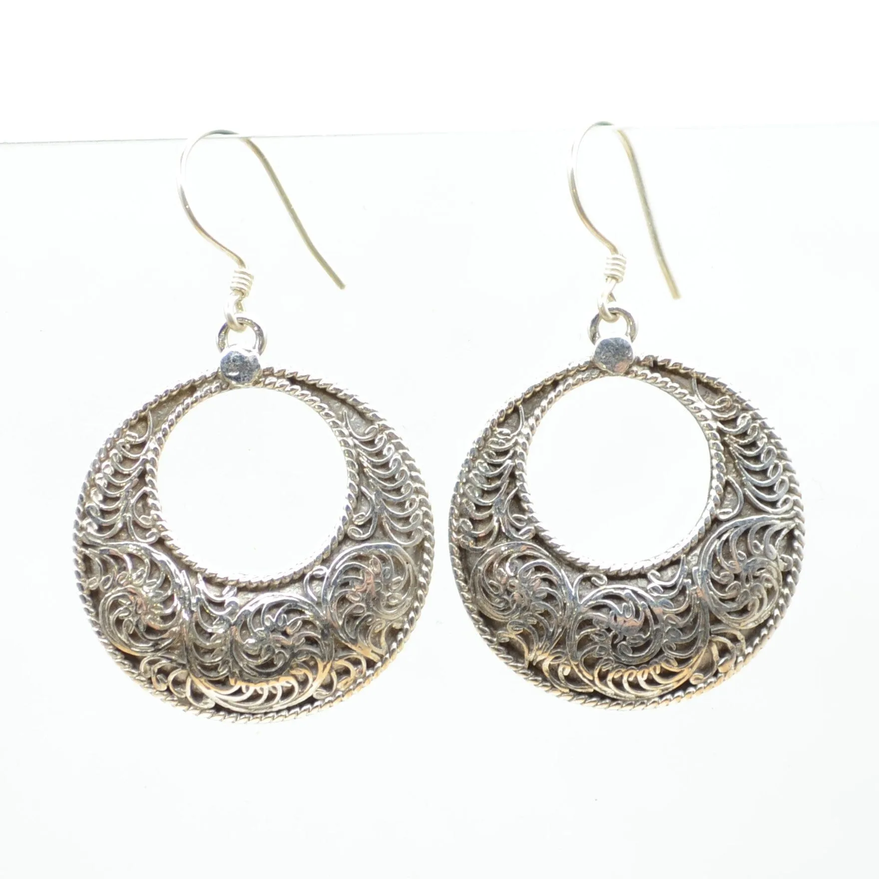 Filigree Crescent Silver Earrings