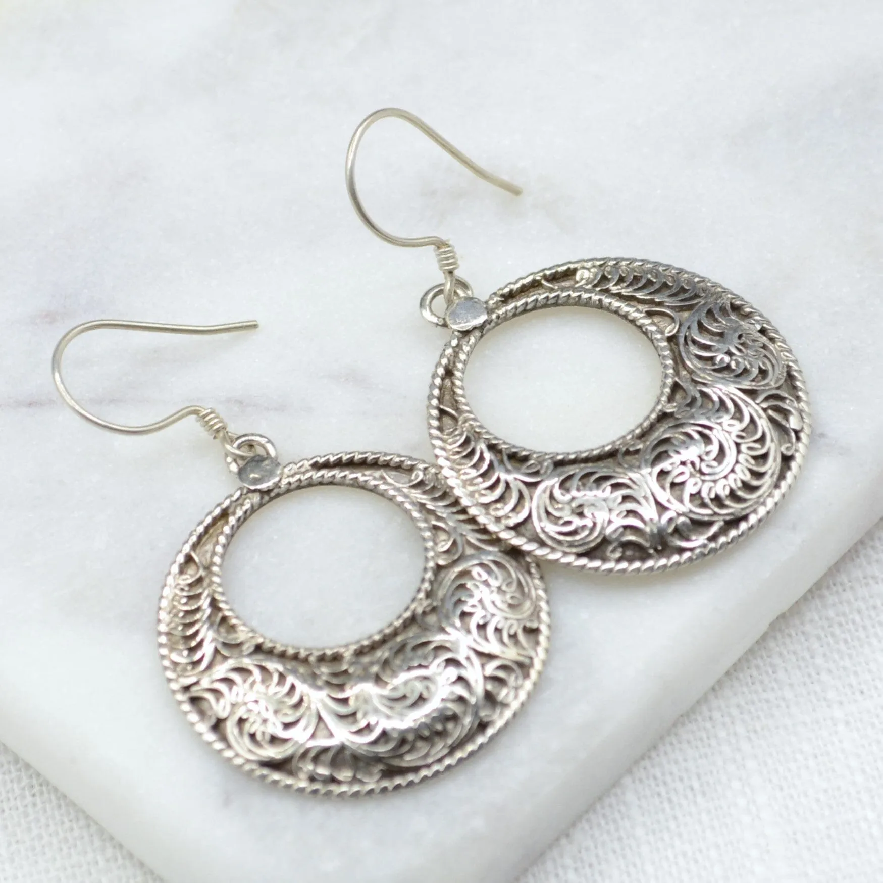 Filigree Crescent Silver Earrings