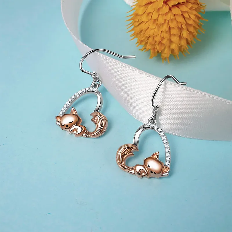 Fox Earrings 925 Sterling Silver Cute Little Fox Heart Dangle Earrings Fox Gifts for Girls Women Friends