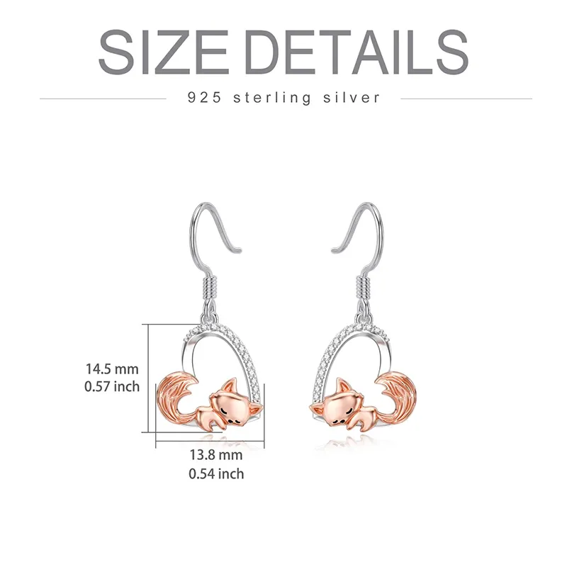 Fox Earrings 925 Sterling Silver Cute Little Fox Heart Dangle Earrings Fox Gifts for Girls Women Friends