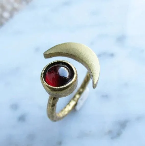 Garnet Boho Half Moon Sterling Silver Gold Plated Ring, Handmade Jewelry, Gift for Her