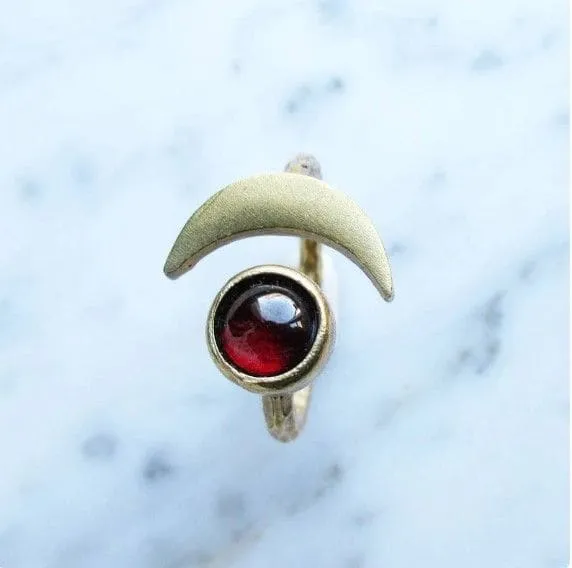 Garnet Boho Half Moon Sterling Silver Gold Plated Ring, Handmade Jewelry, Gift for Her