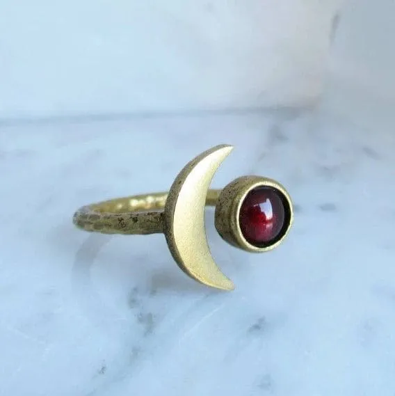 Garnet Boho Half Moon Sterling Silver Gold Plated Ring, Handmade Jewelry, Gift for Her