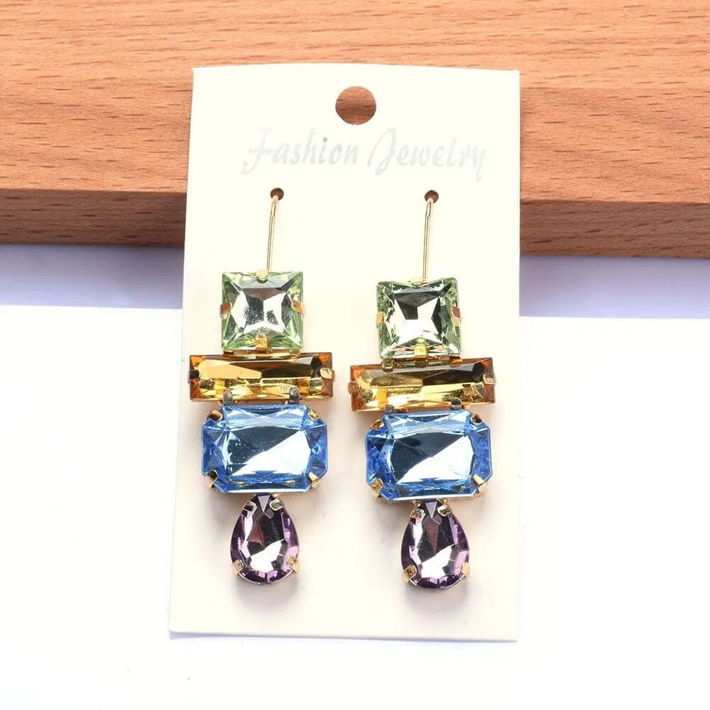 Geometric Statement Water Crystal Amethyst Long Dangle Earrings