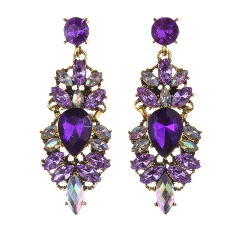 Geometric Statement Water Crystal Amethyst Long Dangle Earrings