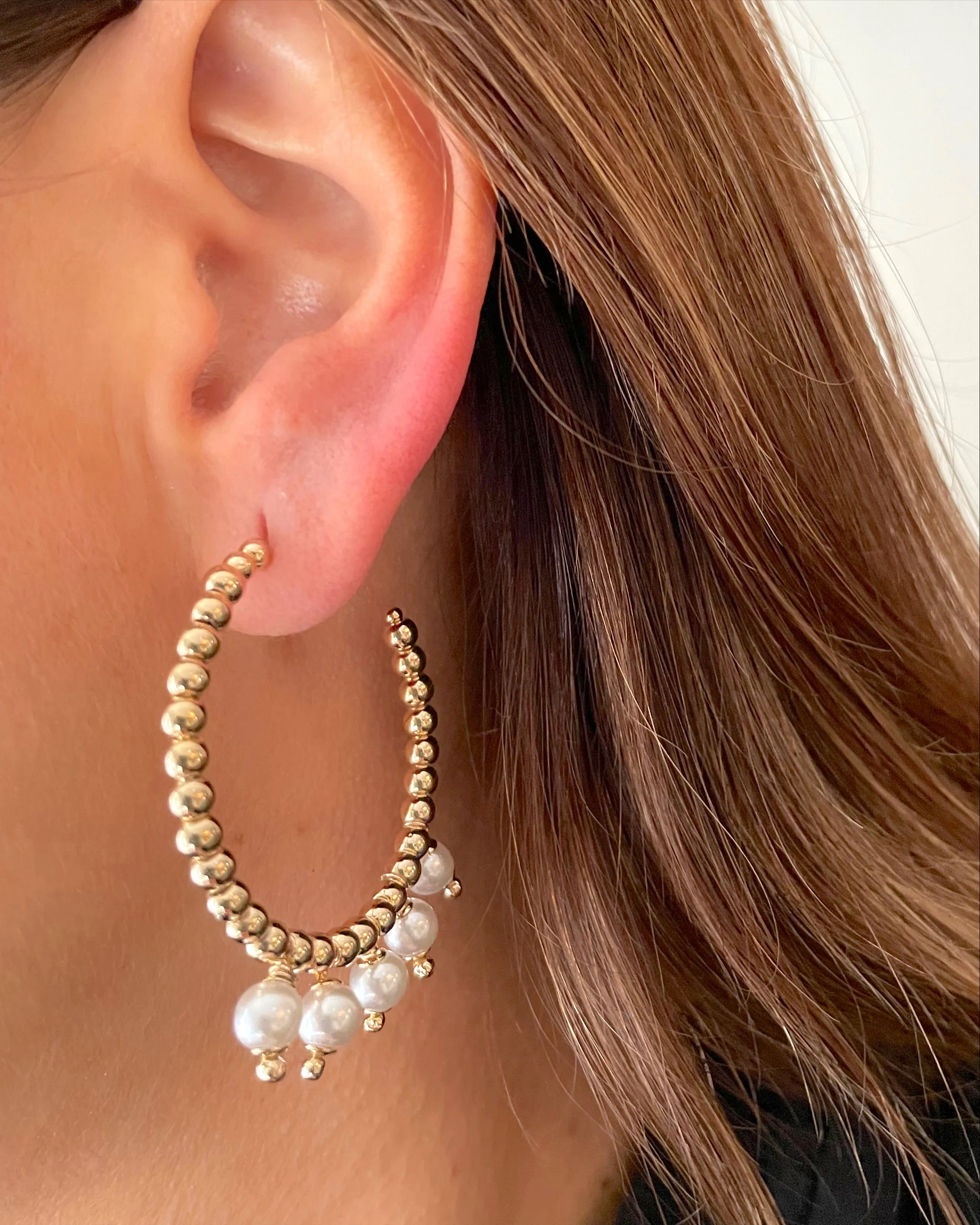 Gold beaded dangle pearls hoops earrings