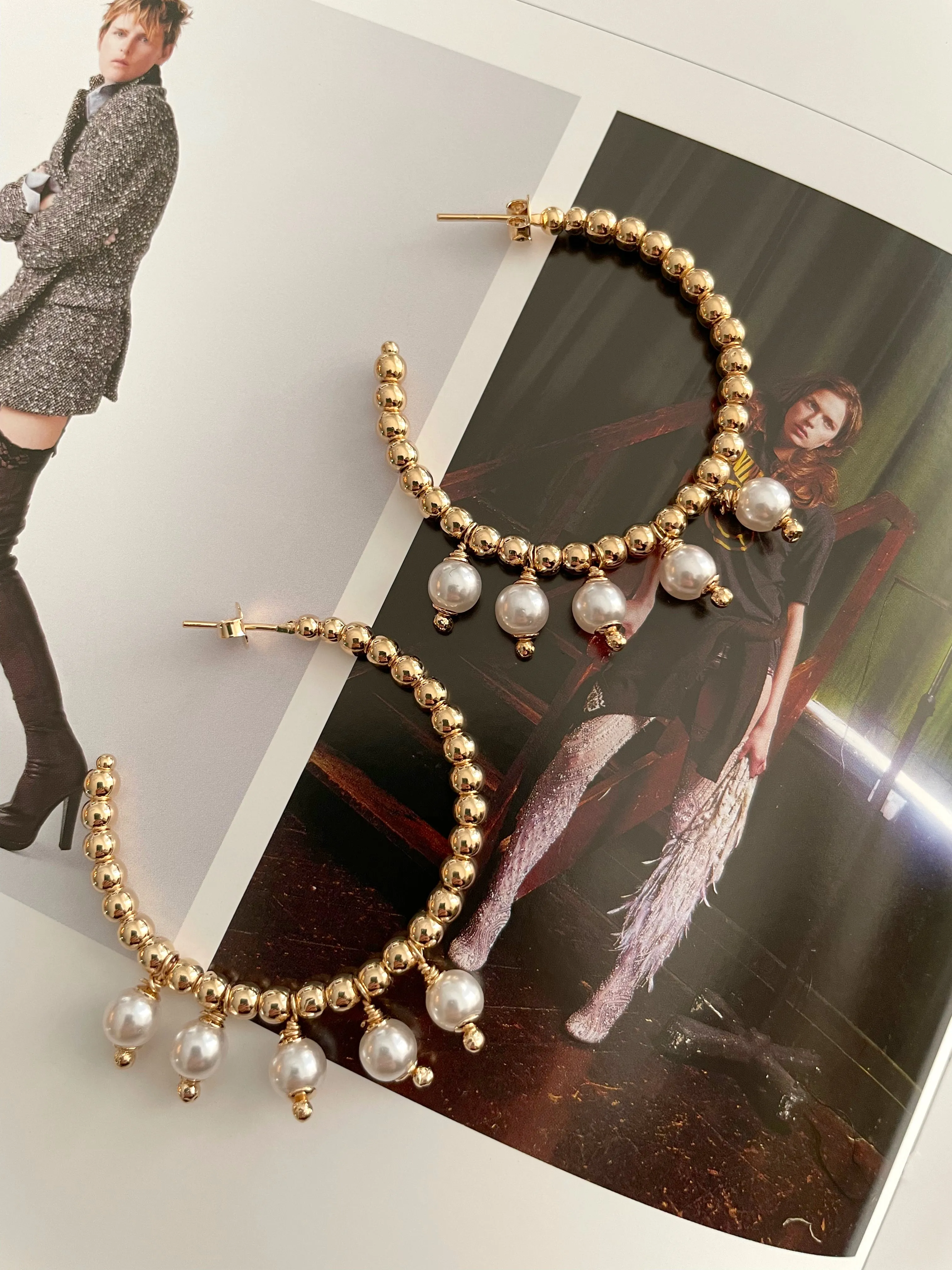 Gold beaded dangle pearls hoops earrings