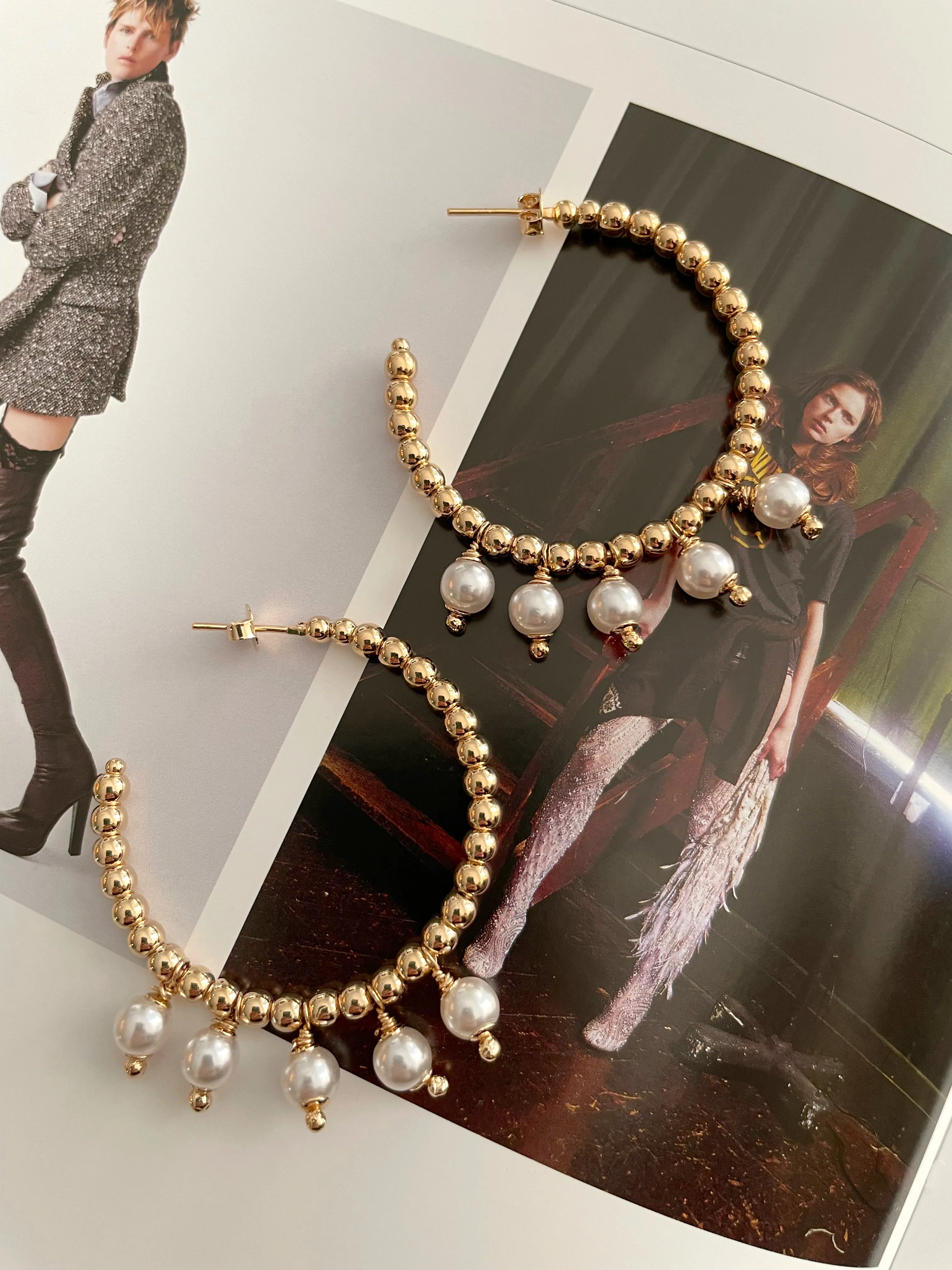 Gold beaded dangle pearls hoops earrings