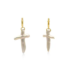 Gold Filled - Freshwater Pearl Cross Huggie Earrings