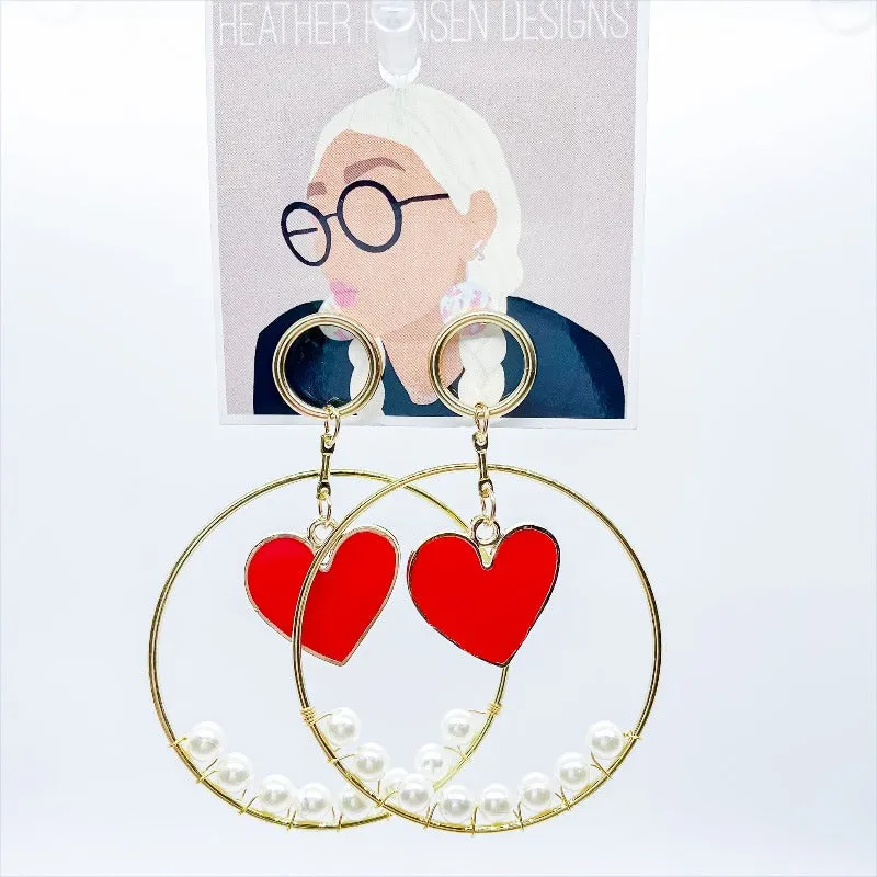 Gold Pearl Heart Hoop Earrings