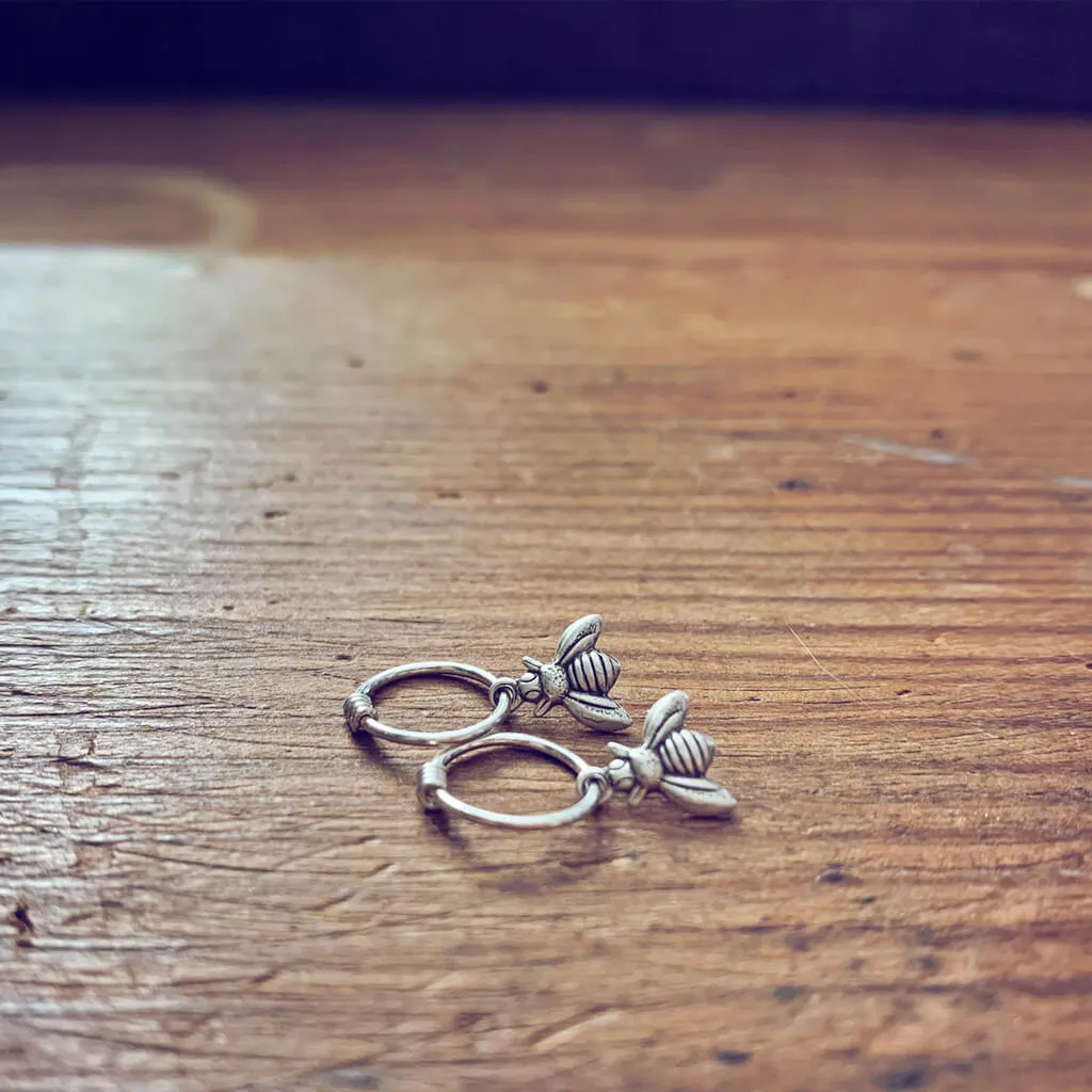 honey bee // teeny tiny silver bee hoop sleeper earrings