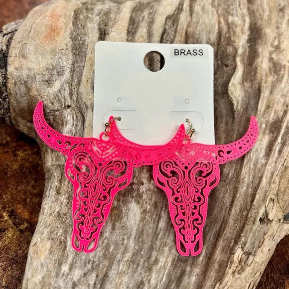 Hot Pink Steerhead Western Dangle Earrings