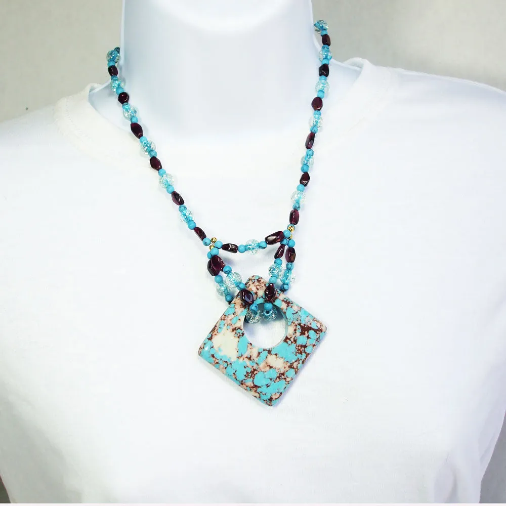 Lakyn, Turquoise Pyrite Mineral Donut, Beaded Pendant, Necklace