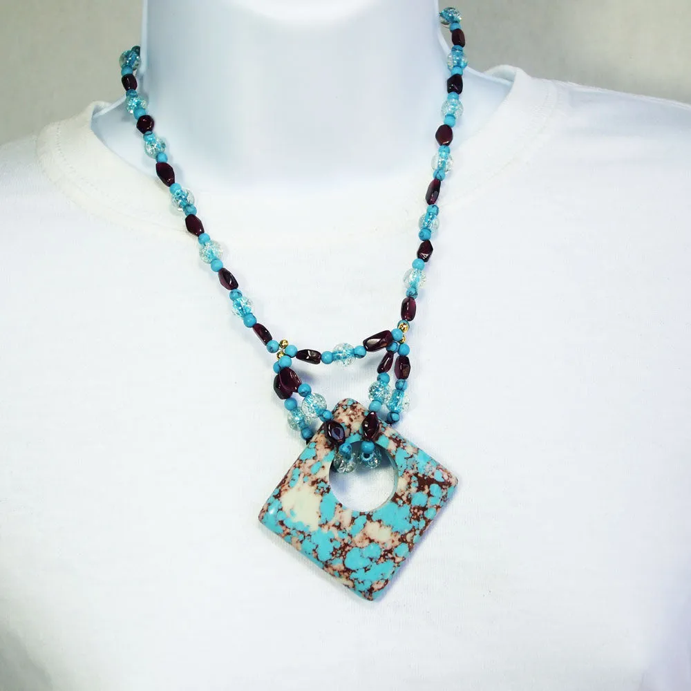 Lakyn, Turquoise Pyrite Mineral Donut, Beaded Pendant, Necklace