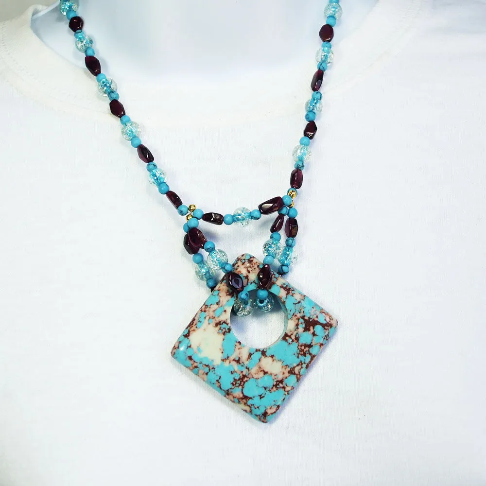 Lakyn, Turquoise Pyrite Mineral Donut, Beaded Pendant, Necklace