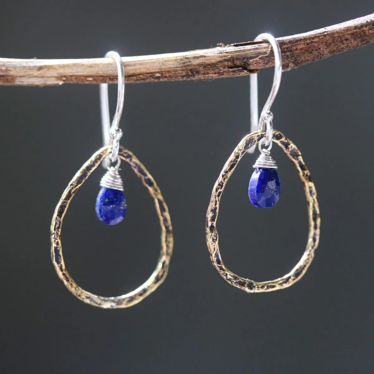 Lapis lazuli earrings and oxidized brass teardrop shape in hammer textured on sterling silver hook style