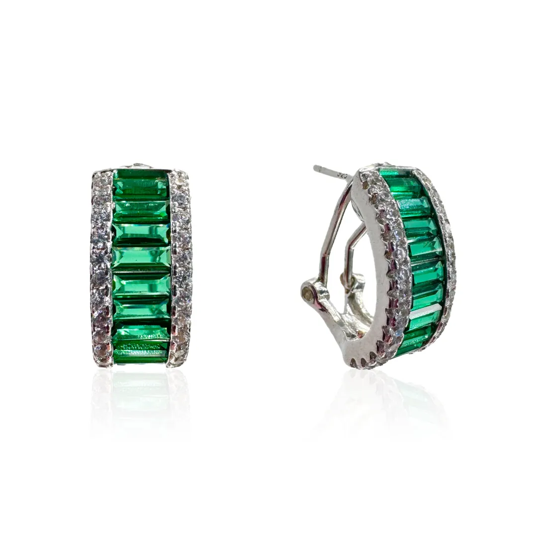 Large Huggie Earrings With Wide Colored Baguette Stones & CZ Border - Multiple Colors Available