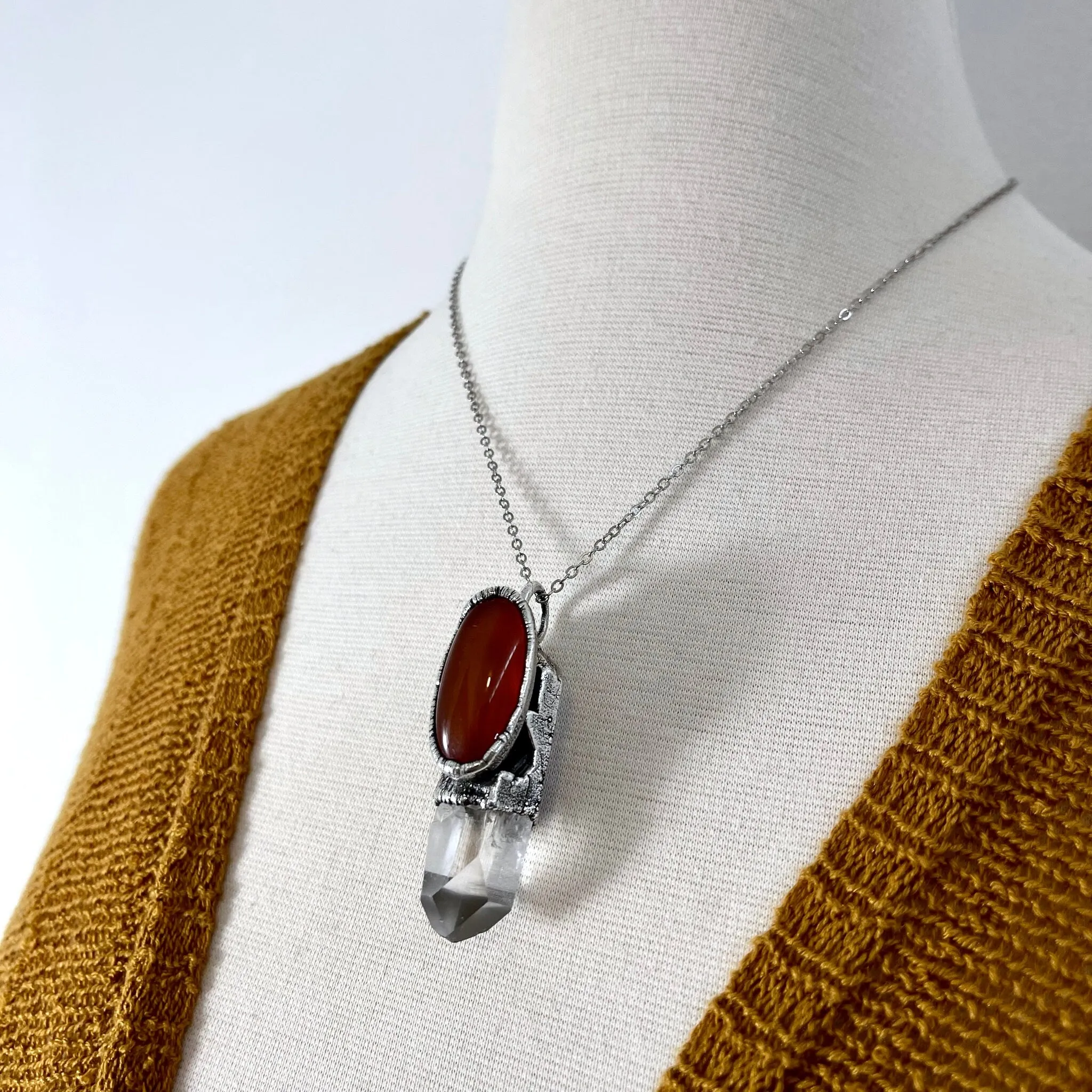 Large Raw Clear Quartz & Carnelian Crystal Statement Necklace in Fine Silver / Foxlark Collection - One of a Kind