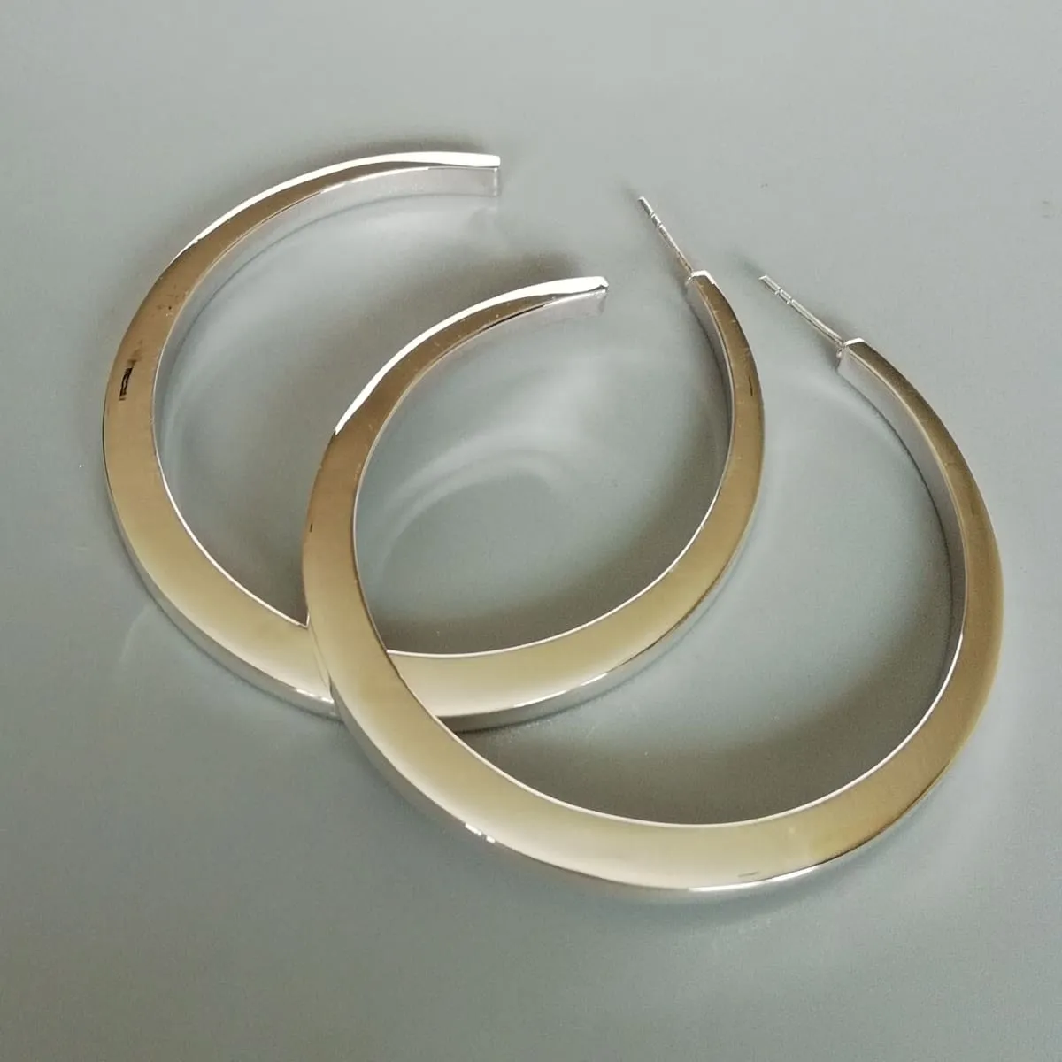 Large silver hoop studs | 60 mm silver hoop earrings | Large and Flat hoops | Silver jewelry | Silver ear hoops | E1103