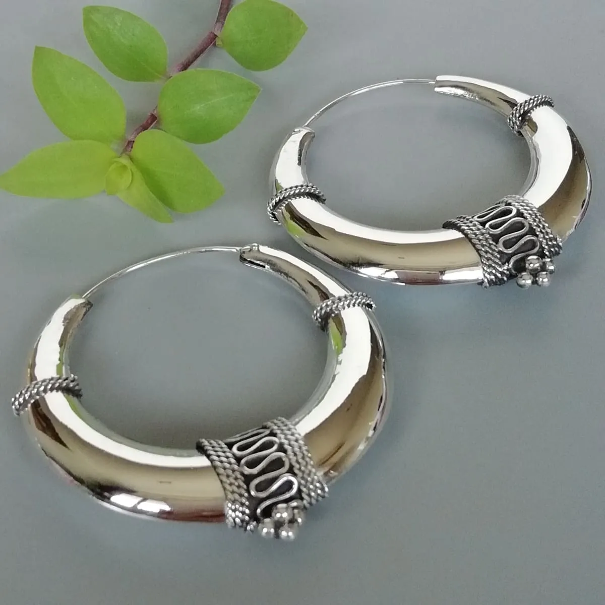 Large tibetan hoops | 45 mm silver hoops |  Thick silver hoops | Boho jewelry | Ethnic earrings  | E922