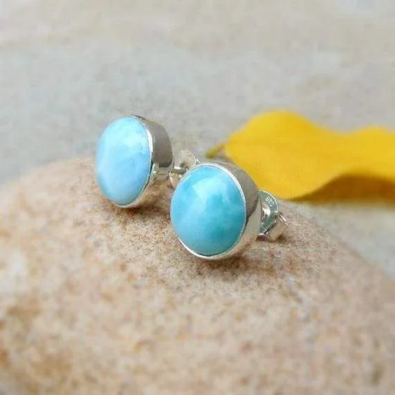 Larimar Bezel Stud Earring Natural Larimar 925 Silver Gemstone Studs Larimar Jewelry