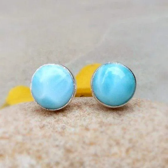 Larimar Bezel Stud Earring Natural Larimar 925 Silver Gemstone Studs Larimar Jewelry