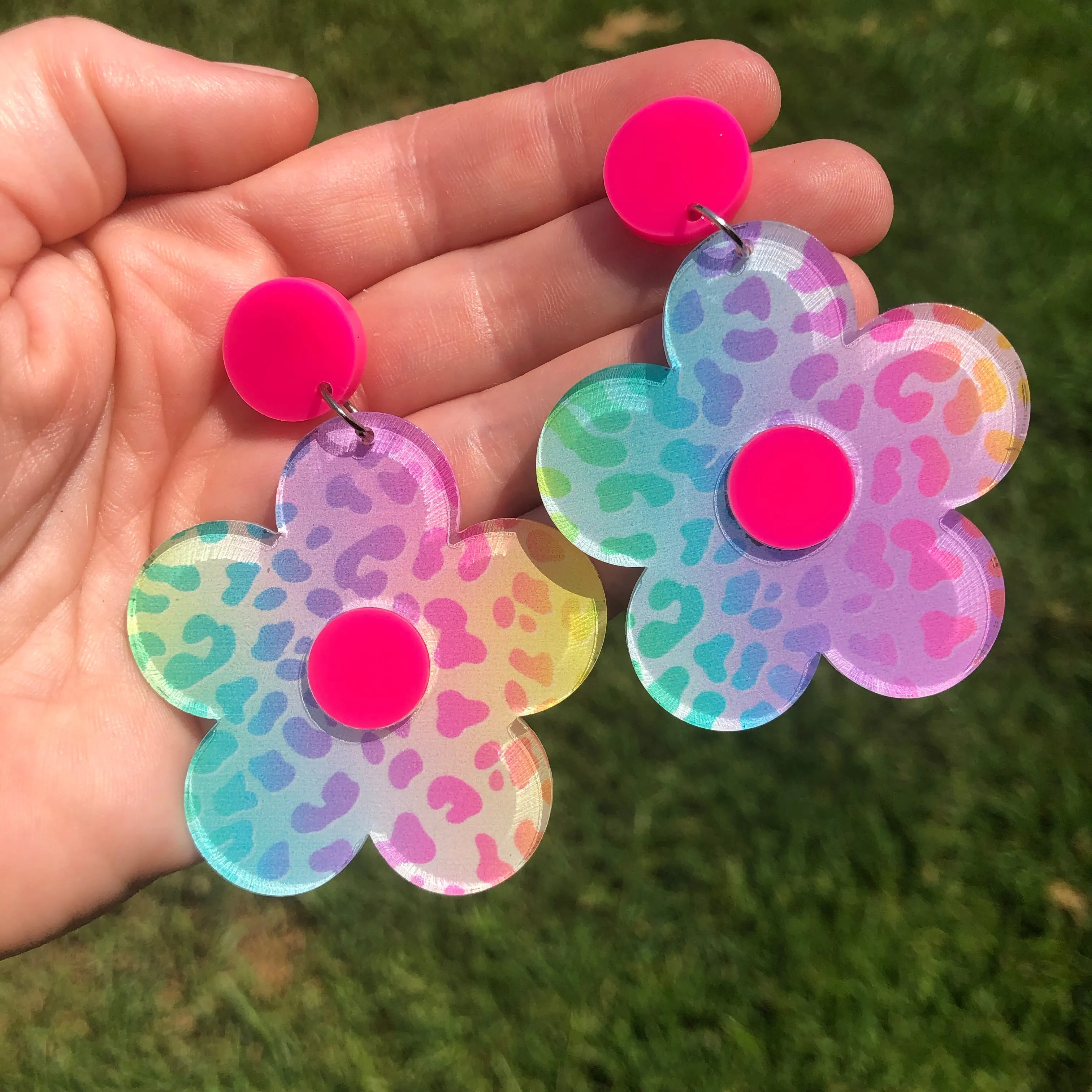 Leopard Rainbow Print Flower Power Dangle Earrings