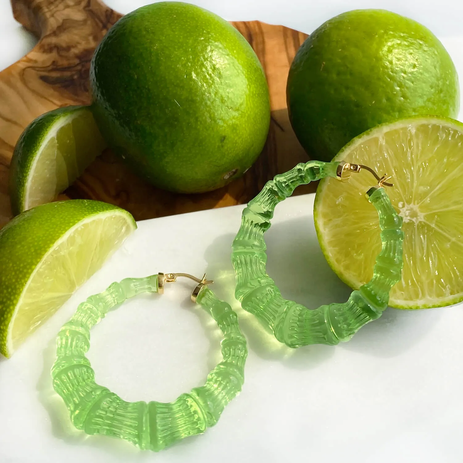 Lime Green Lucite Bamboo Hoop Earrings