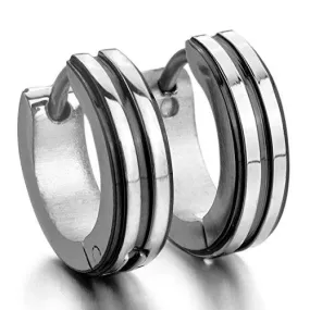 Men's Stainless Steel Stud Hoop huggie Earrings Silver Tone Black Striped