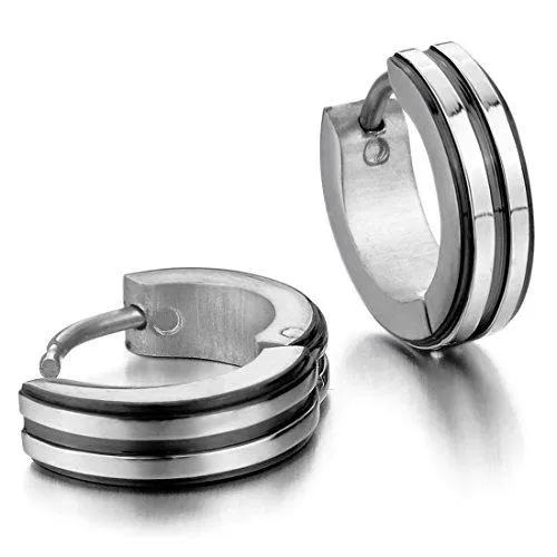 Men's Stainless Steel Stud Hoop huggie Earrings Silver Tone Black Striped