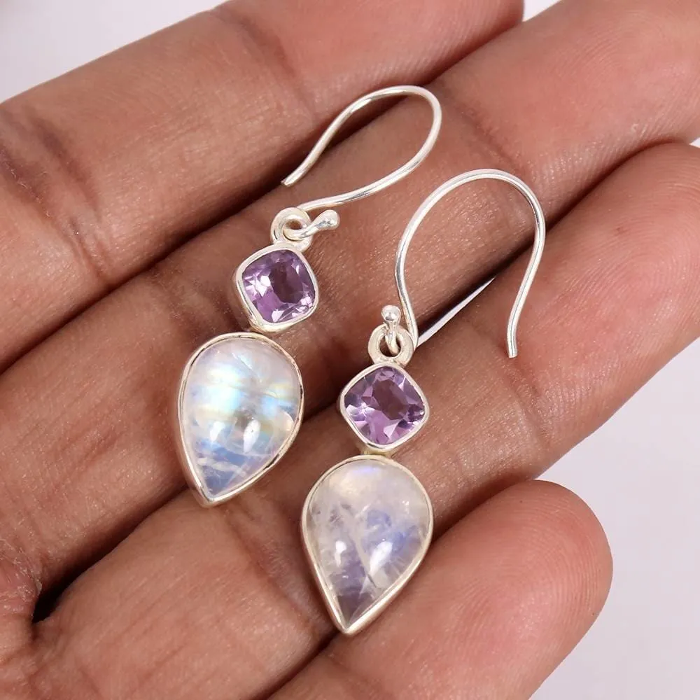 Multistone Earring, 925 Sterling Silver,Dangle Earring, Gemstone Earring, Purple Earring