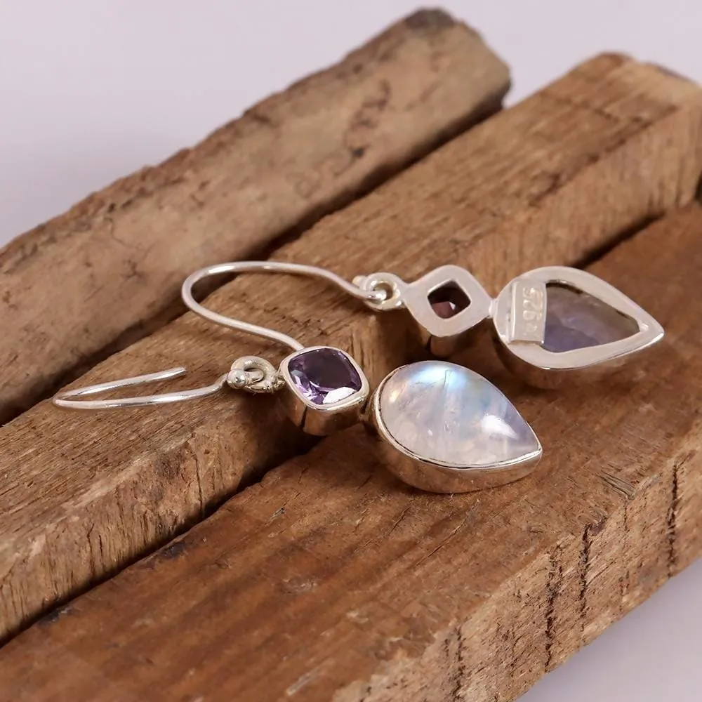 Multistone Earring, 925 Sterling Silver,Dangle Earring, Gemstone Earring, Purple Earring