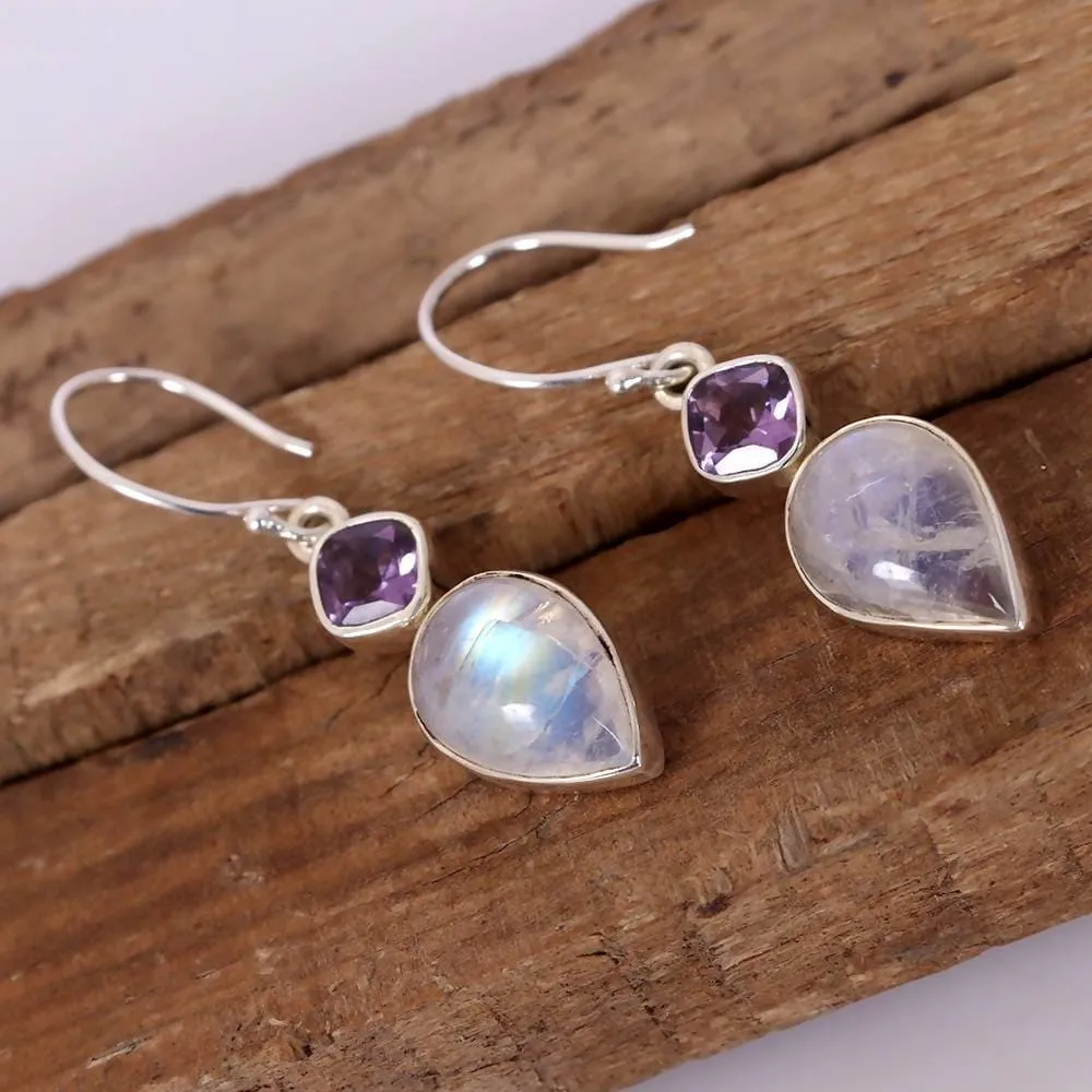 Multistone Earring, 925 Sterling Silver,Dangle Earring, Gemstone Earring, Purple Earring