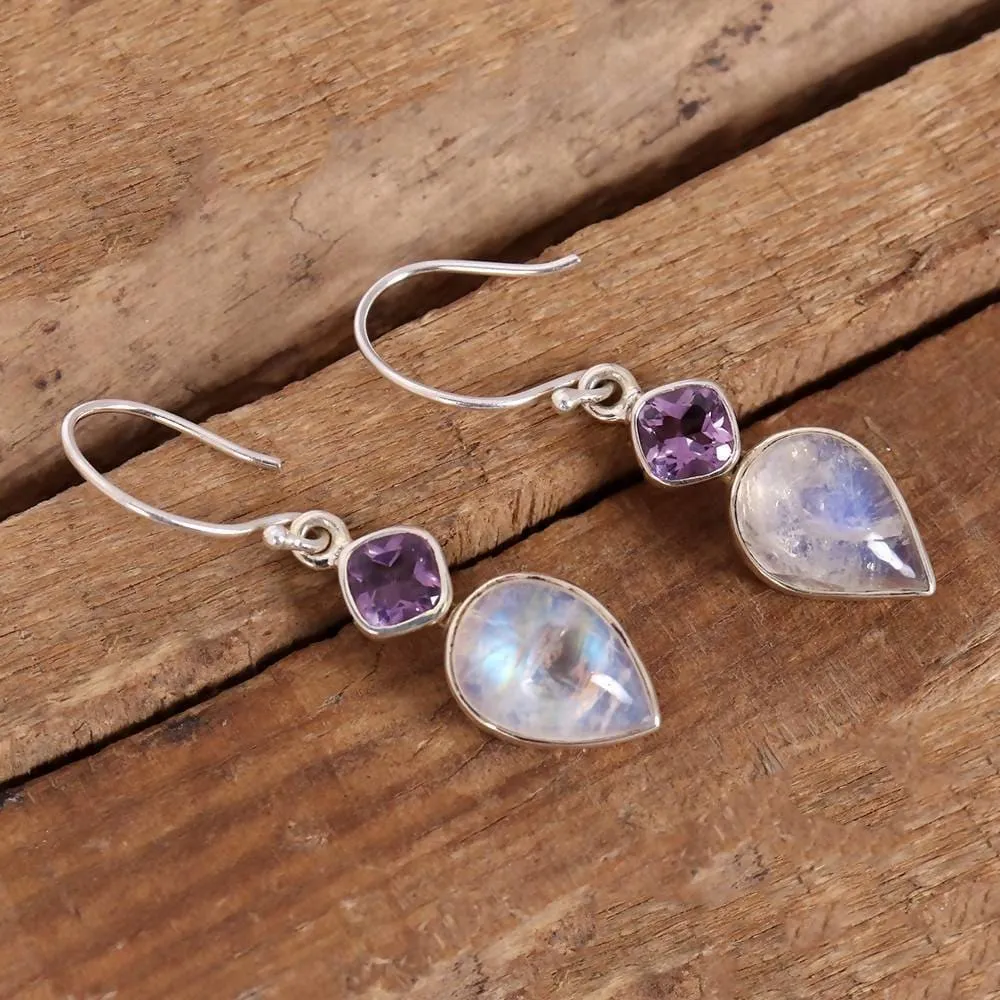 Multistone Earring, 925 Sterling Silver,Dangle Earring, Gemstone Earring, Purple Earring