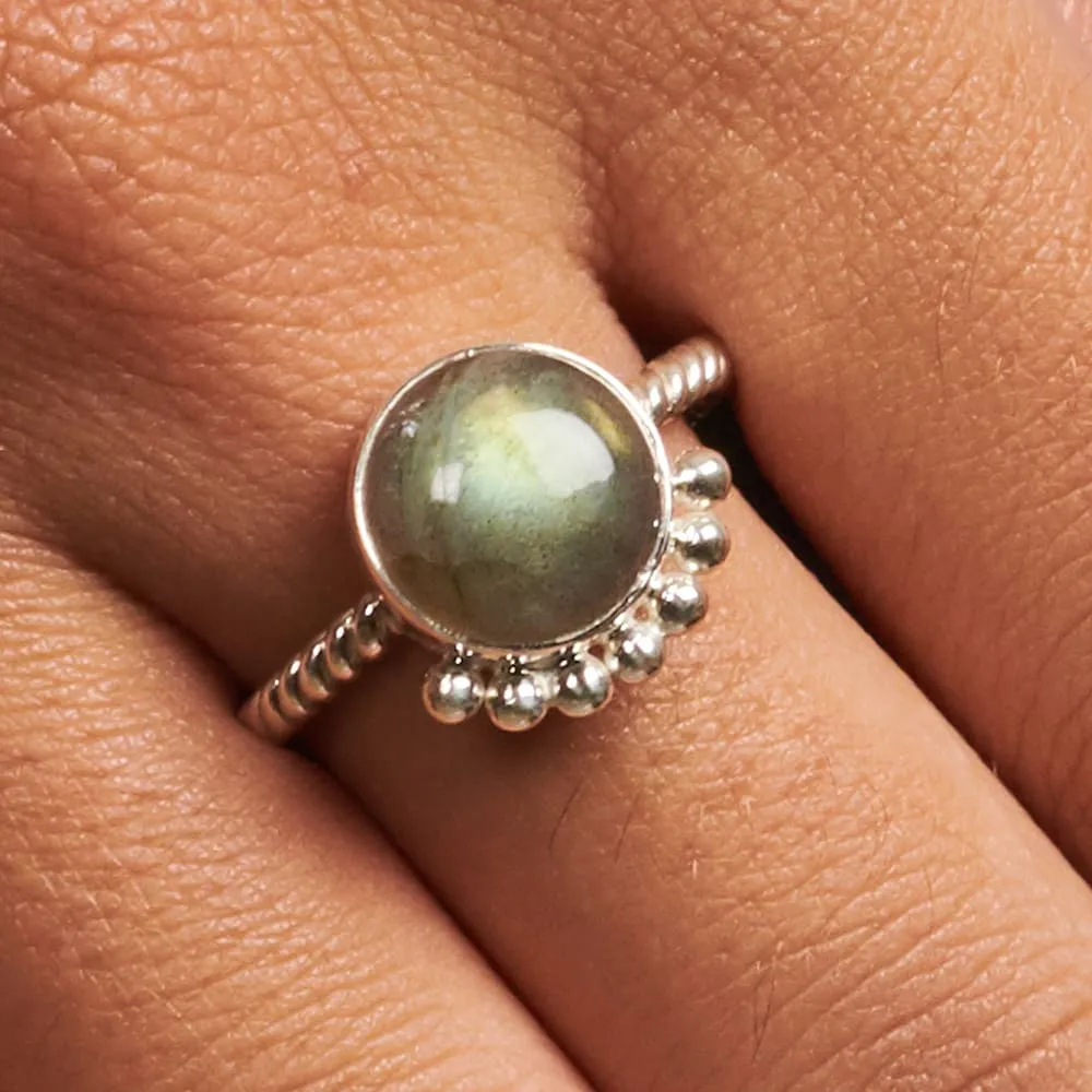 Natural Labradorite Half Sunrise Silver Ring, Natural Stone, Sun-Style Jewelry, Handmade, Half Sun Stacking Ring, Boho, Dainty Labradorite Jewelry