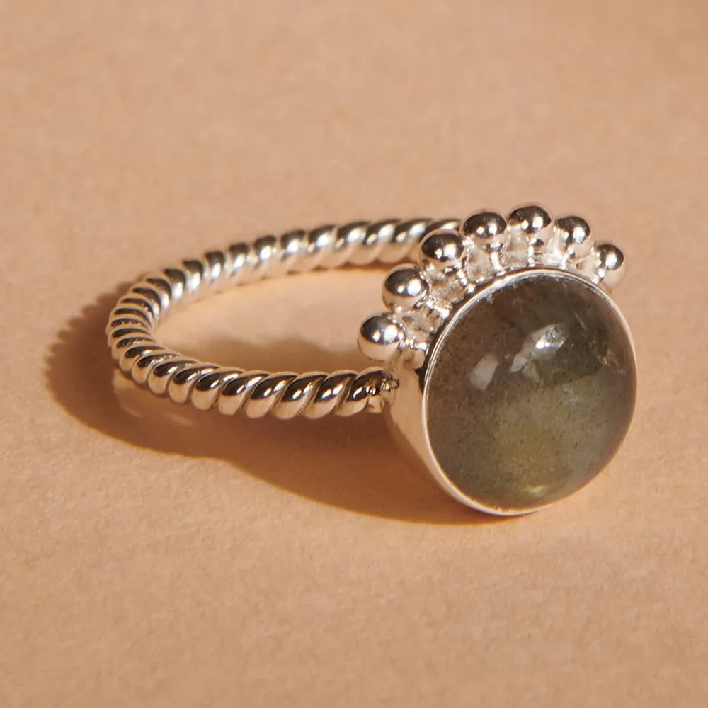 Natural Labradorite Half Sunrise Silver Ring, Natural Stone, Sun-Style Jewelry, Handmade, Half Sun Stacking Ring, Boho, Dainty Labradorite Jewelry