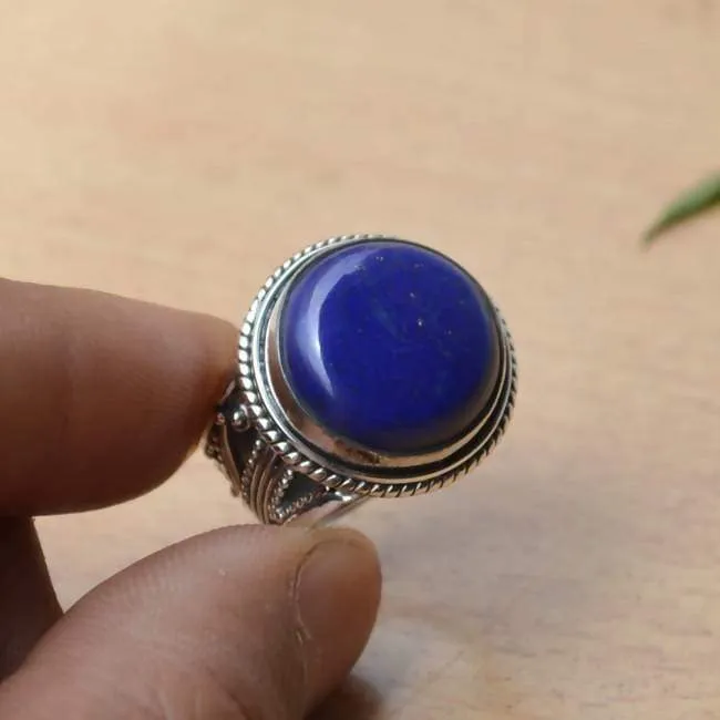 Natural Lapis Lazuli Ring, Round Cabochon Blue Ring, Designer Bezel set in 925 Sterling Silver Ring, Semi Precious Stone Ring, Nickel Free, Handmade Jewelry