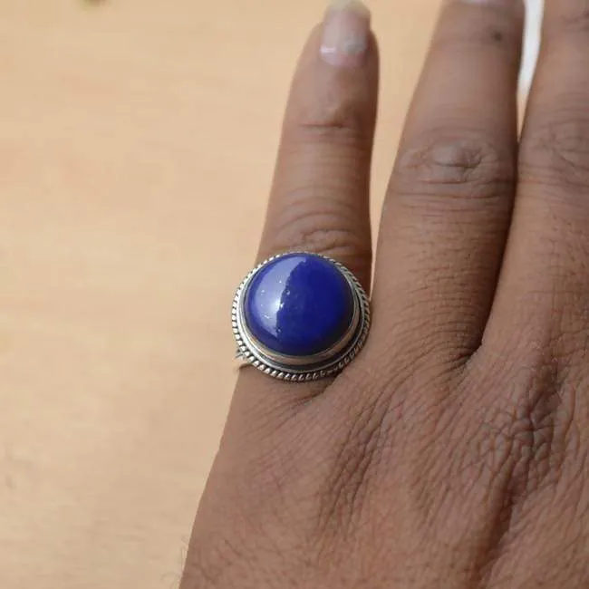 Natural Lapis Lazuli Ring, Round Cabochon Blue Ring, Designer Bezel set in 925 Sterling Silver Ring, Semi Precious Stone Ring, Nickel Free, Handmade Jewelry