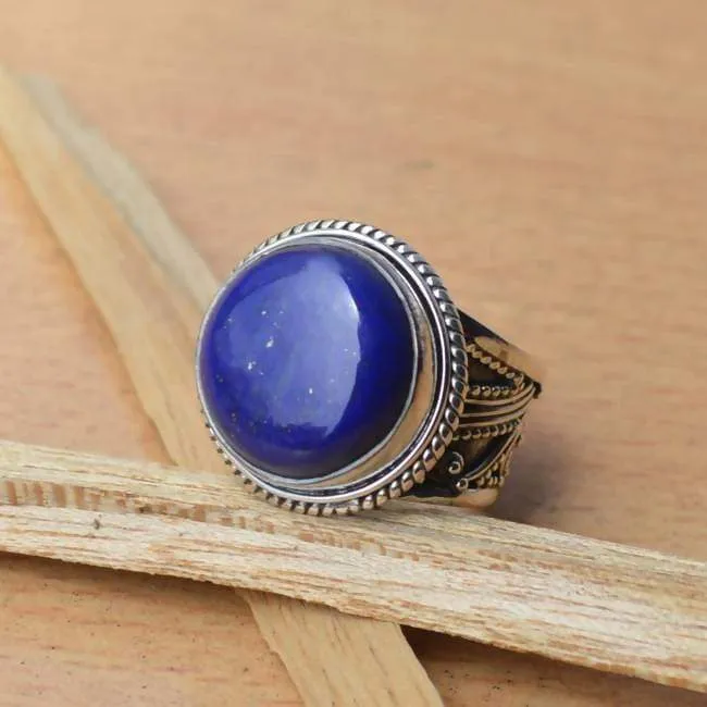 Natural Lapis Lazuli Ring, Round Cabochon Blue Ring, Designer Bezel set in 925 Sterling Silver Ring, Semi Precious Stone Ring, Nickel Free, Handmade Jewelry