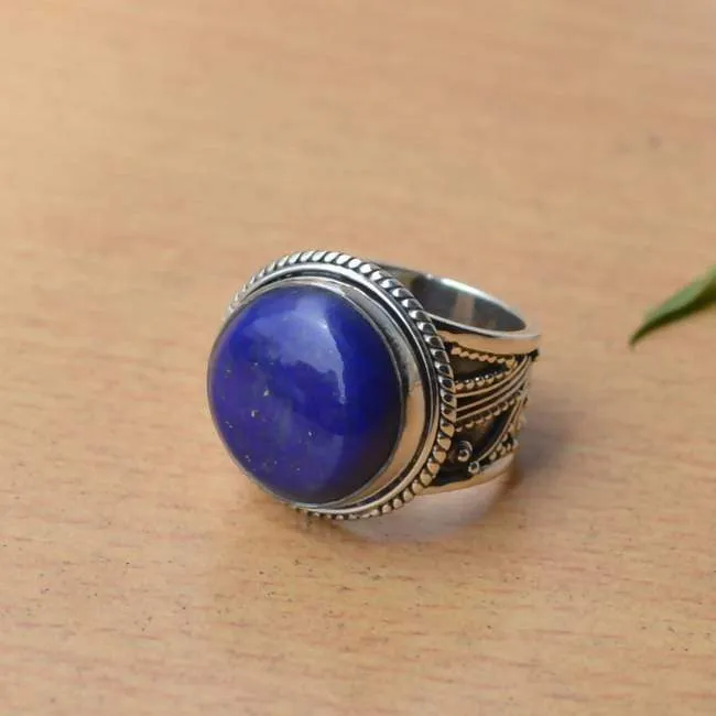 Natural Lapis Lazuli Ring, Round Cabochon Blue Ring, Designer Bezel set in 925 Sterling Silver Ring, Semi Precious Stone Ring, Nickel Free, Handmade Jewelry