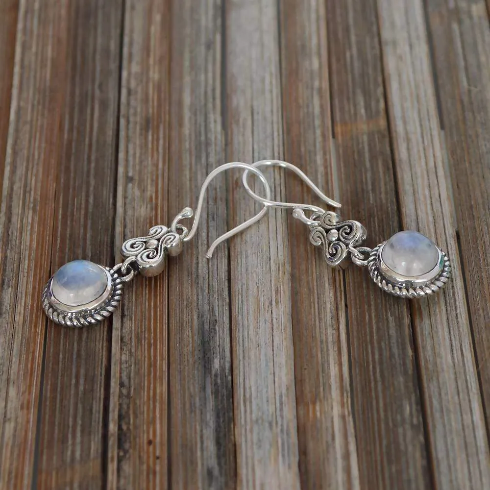 Natural Rainbow Moonstone Gemstone Sterling Silver Dangle Earring